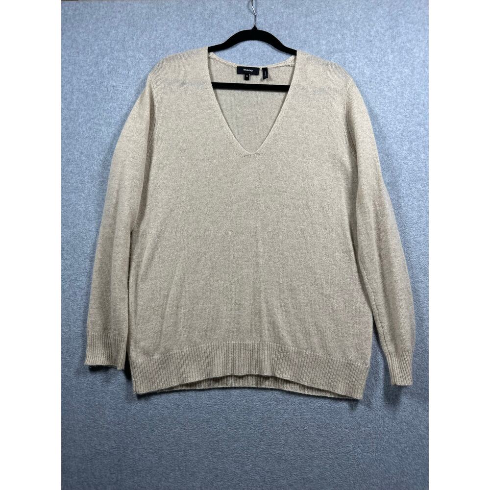 Theory Cashmere V-Neck Pullover Sweater Women's Medium Beige Oatmeal